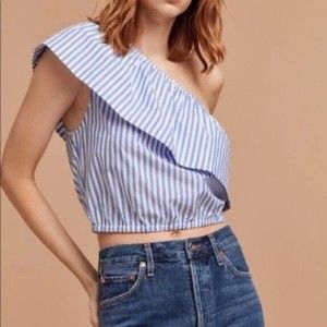 Wilfred (aritzia) small Blue/white Pinstripe Estée Blouse Ruffled one shoulder